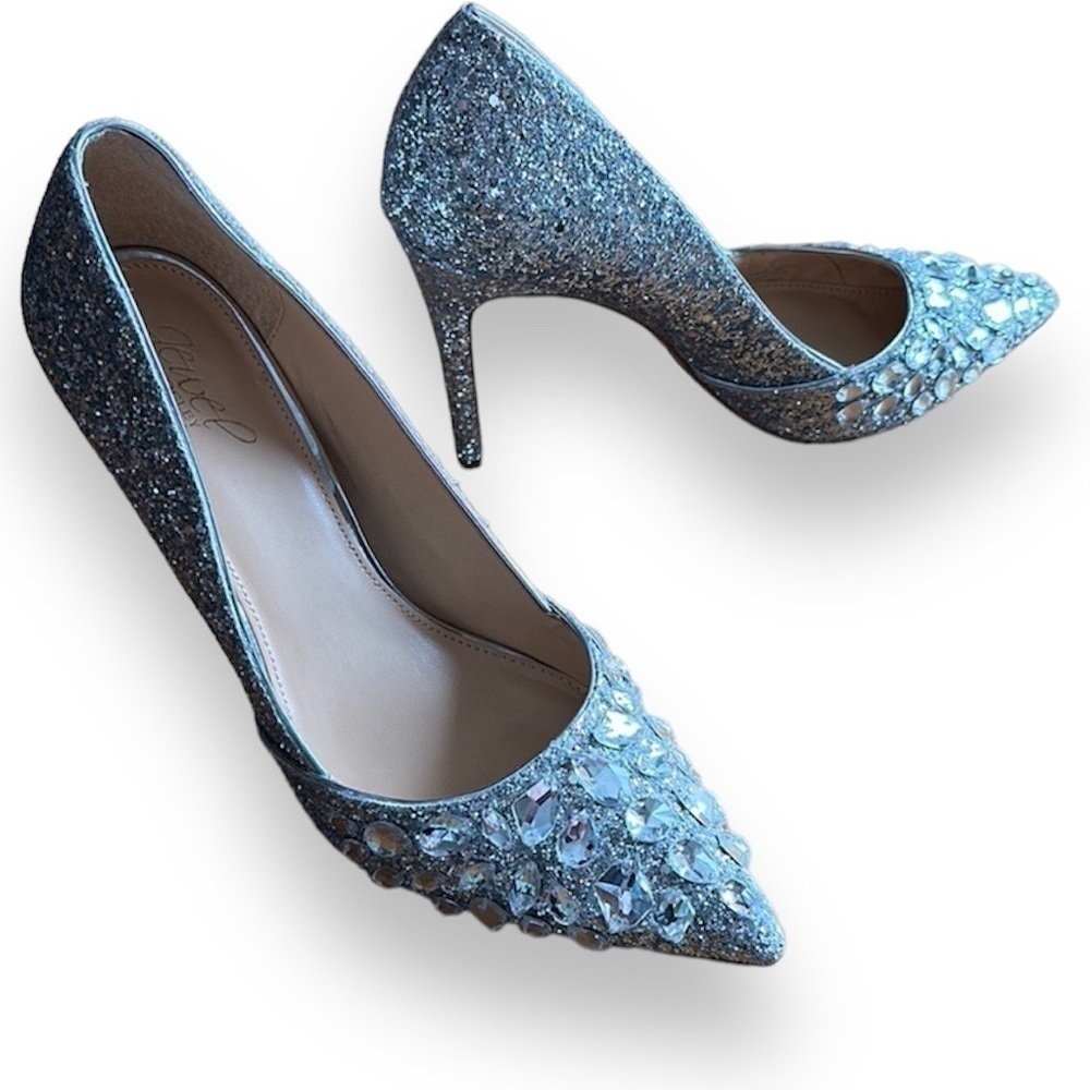 Jewel Badgley Mischka silver glitter heels with jewels jeweled Stilletto pumps